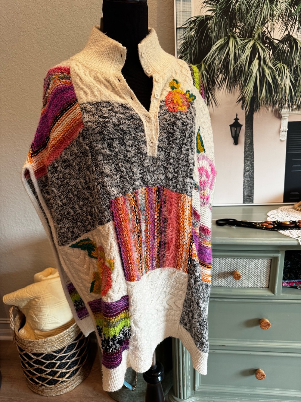 Anthropologie Multicolor Patchwork Cable-Knit Poncho with Floral Accents